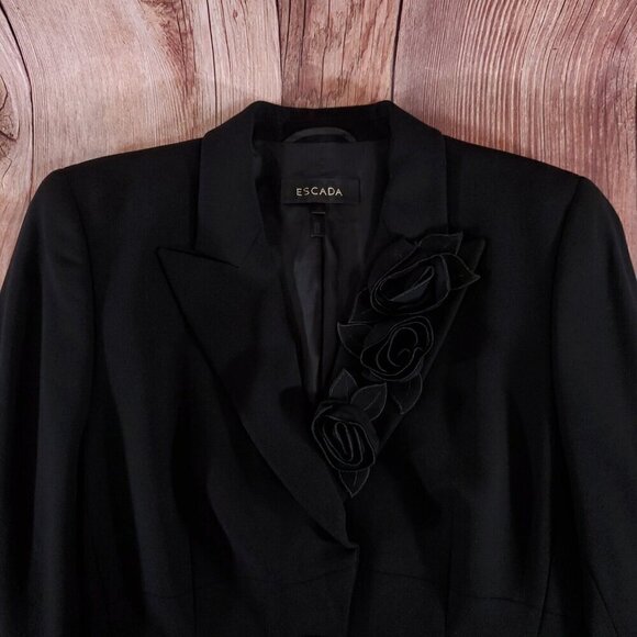 Escada Womens Size 36 Black Floral Two Button Notch Lapel Wool Blazer Jacket - Picture 9 of 16
